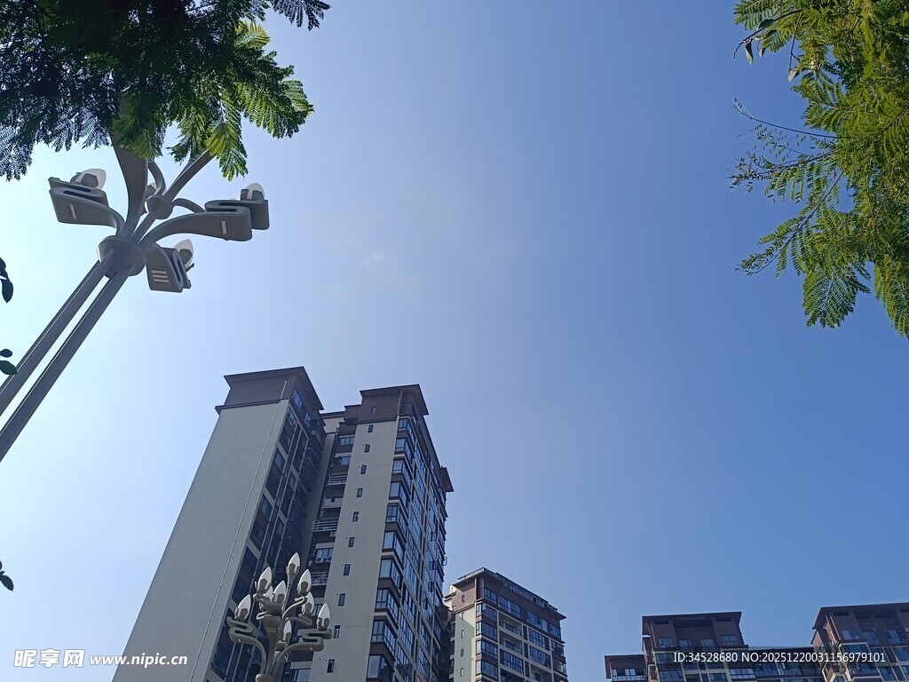 城市高楼与蓝天绿树