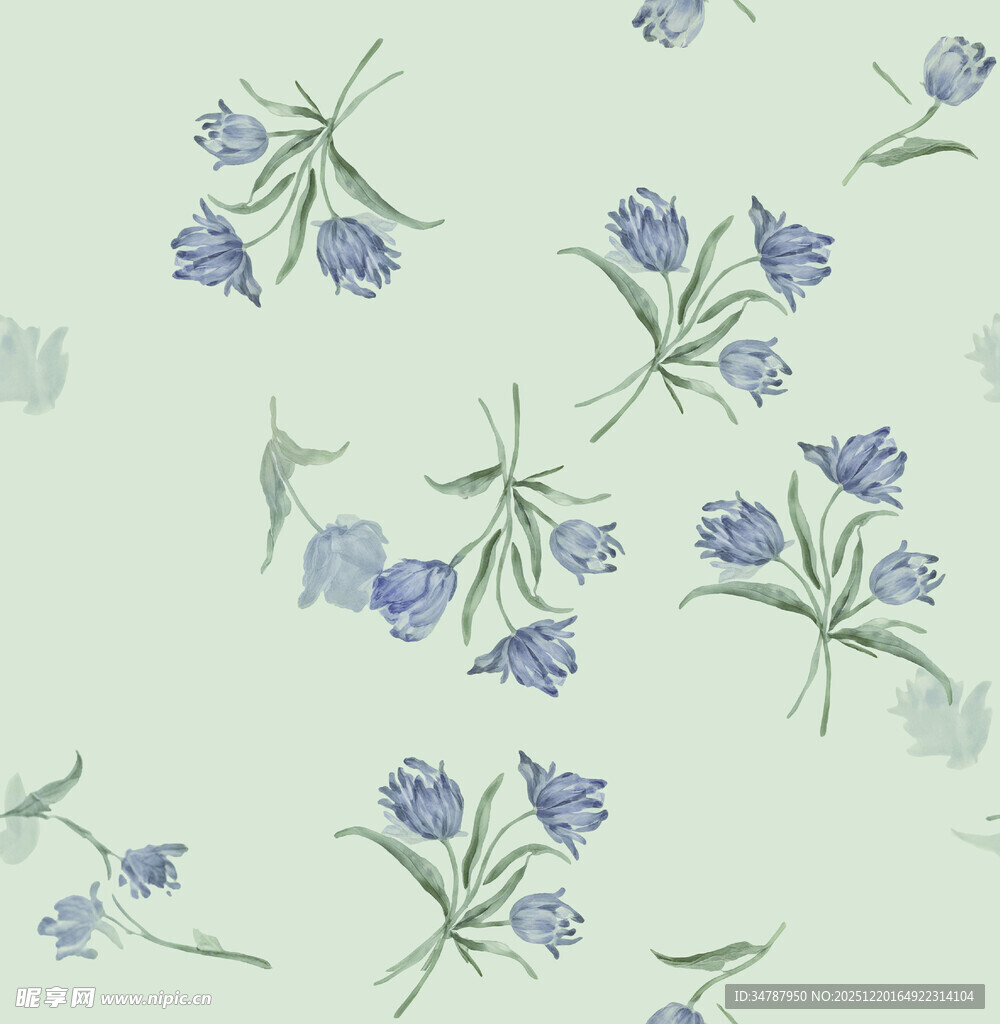 淡绿底蓝花清新花卉图案