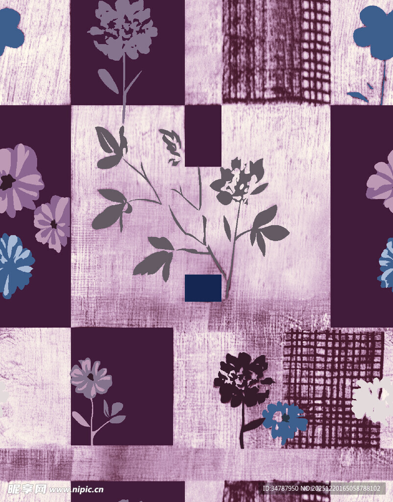 紫色花卉拼接图案布料