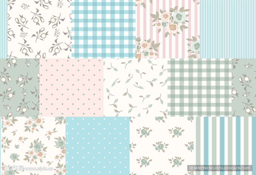 清新花卉格子拼接图案