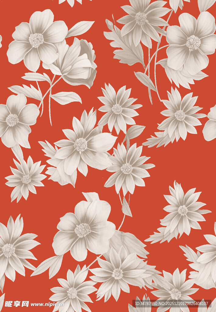 橙底白花复古花卉图案