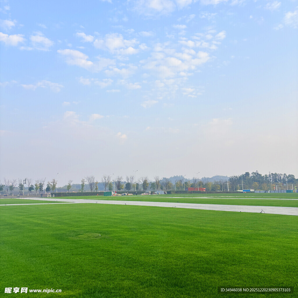 广阔绿草地与蓝天白云