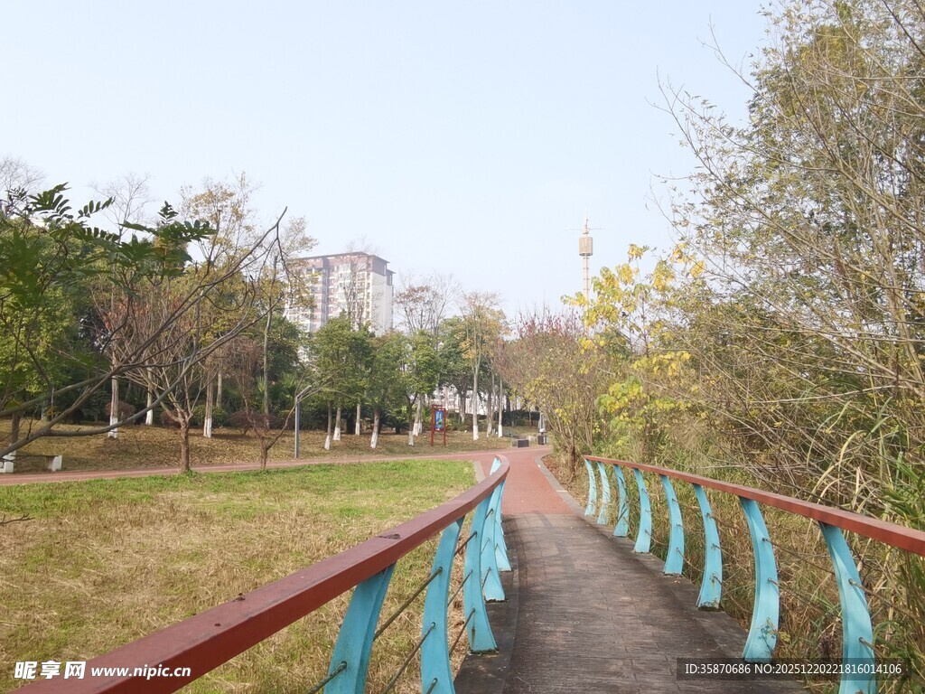 公园彩色栏杆步道风景