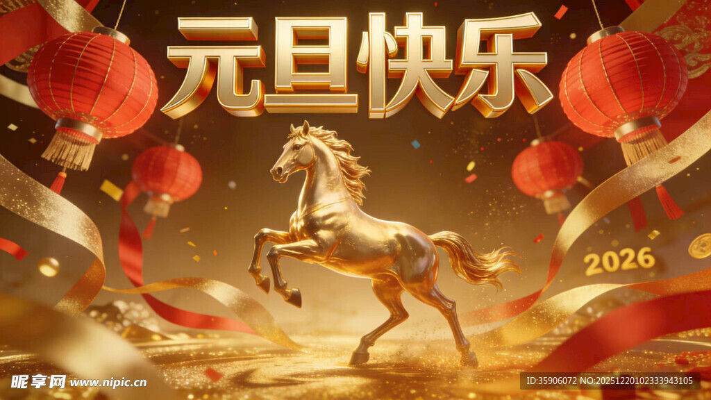 元旦金驹贺岁喜庆场景