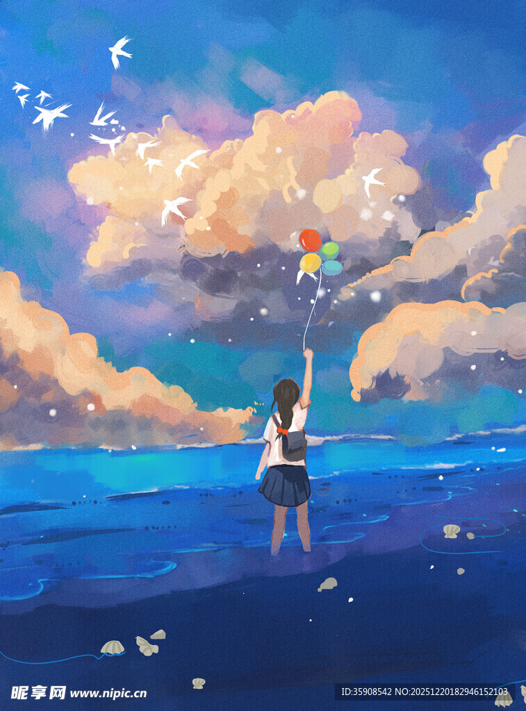 女孩海边放飞彩色气球