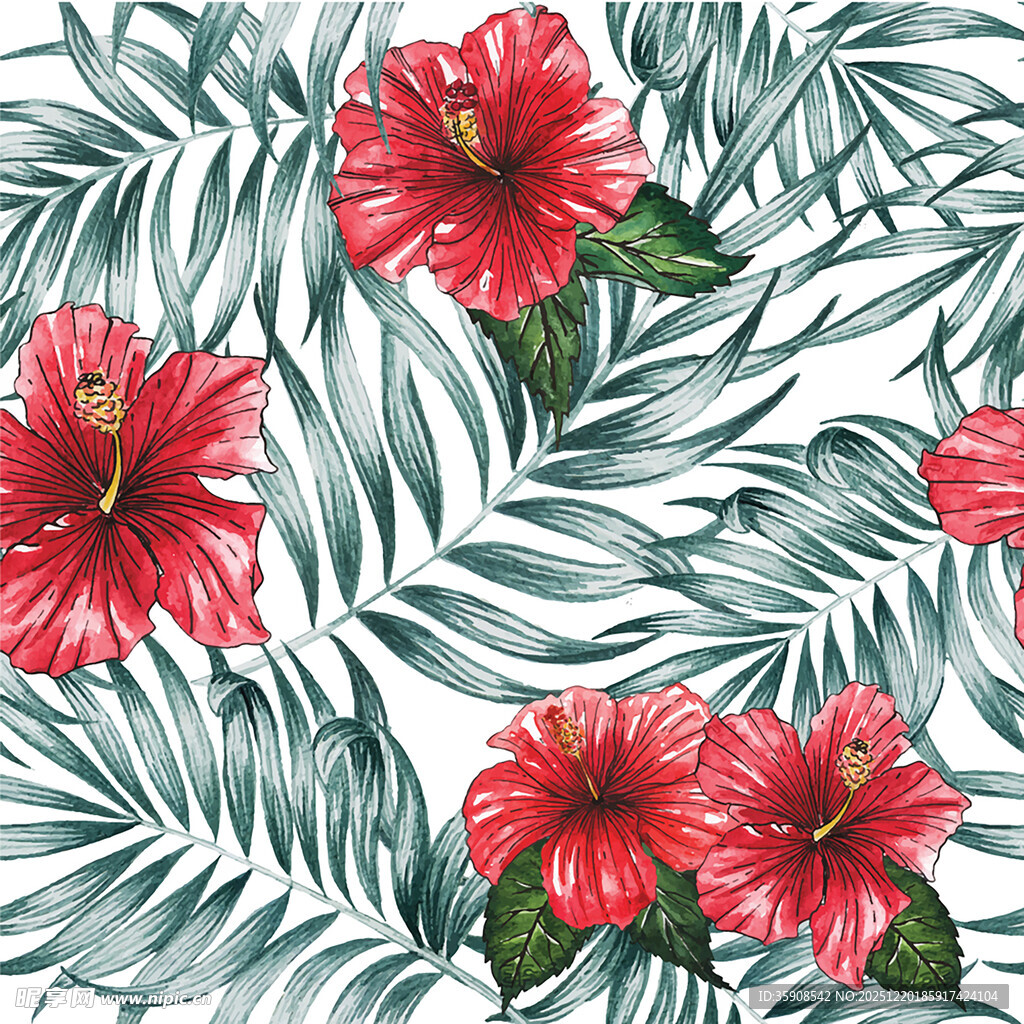 红槿绿叶热带风花卉图案