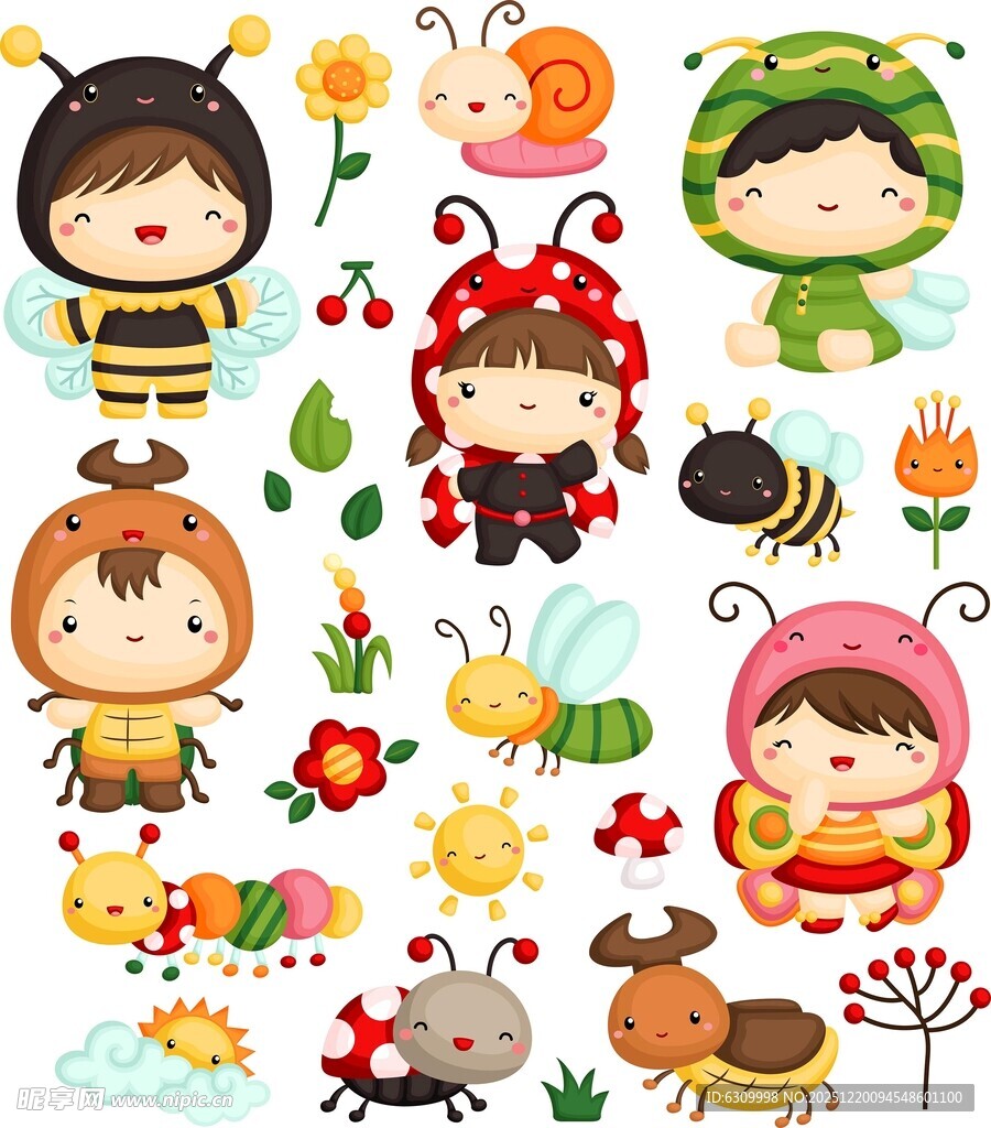 可爱昆虫装扮儿童插画