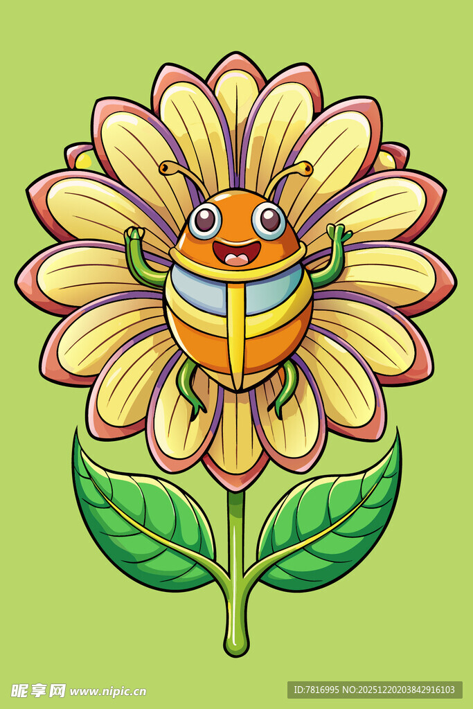 可爱花朵与卡通蜜蜂插画