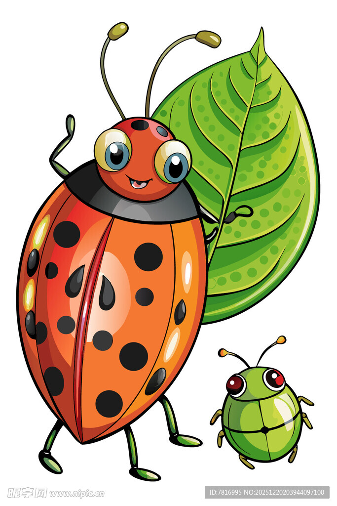 可爱瓢虫与绿叶旁小昆虫