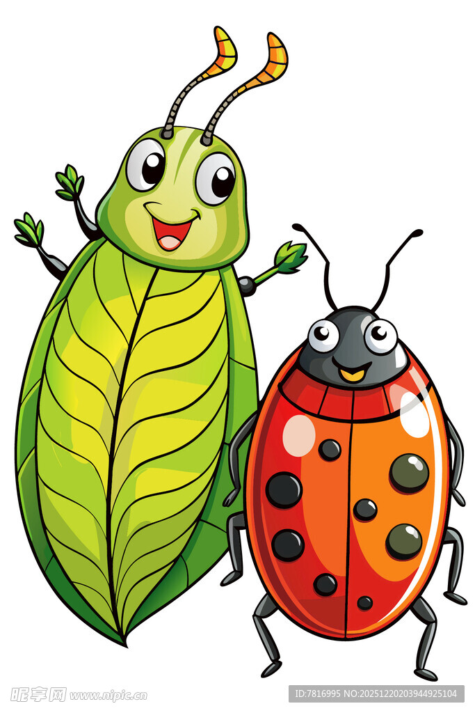 绿叶蚂蚱与瓢虫卡通图