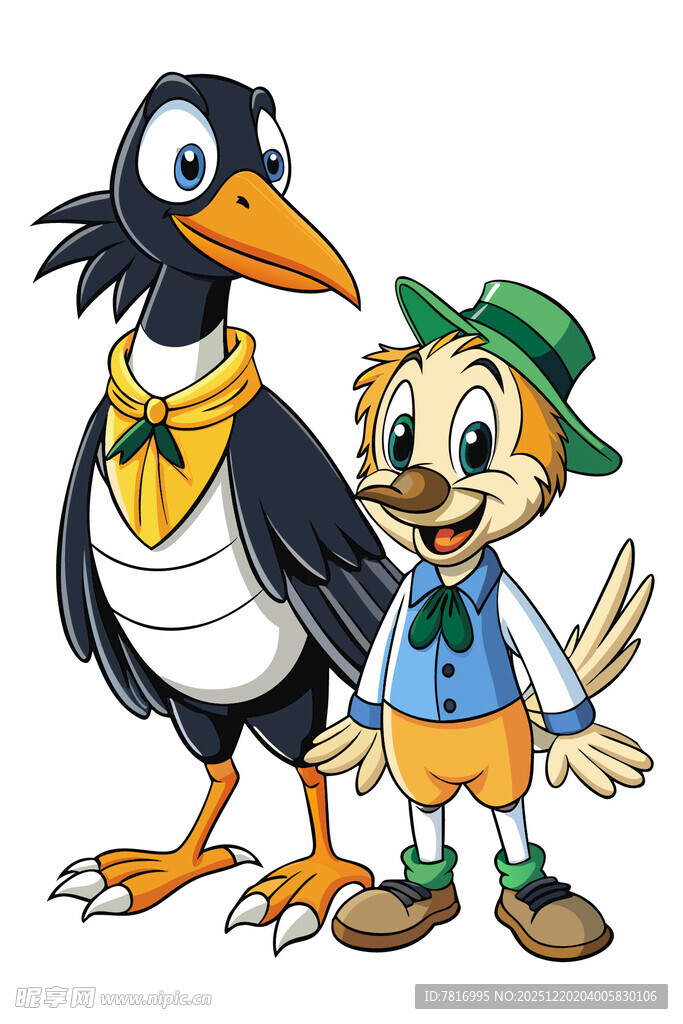 卡通鸟与男孩的有趣形象