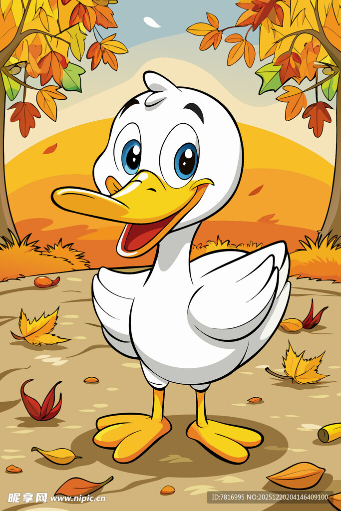 秋日萌鸭站在落叶中