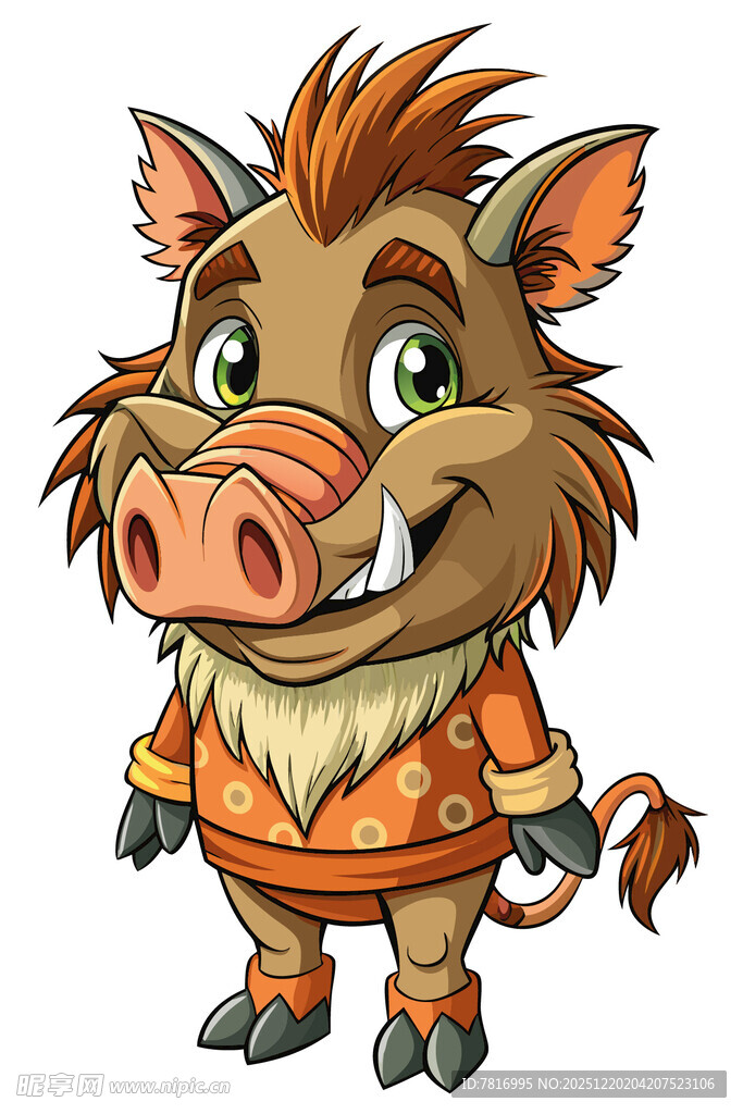 卡通野猪形象身着橙色服装