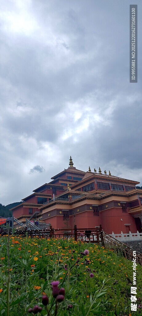 甘肃青海中式古建筑旁的葱郁绿植