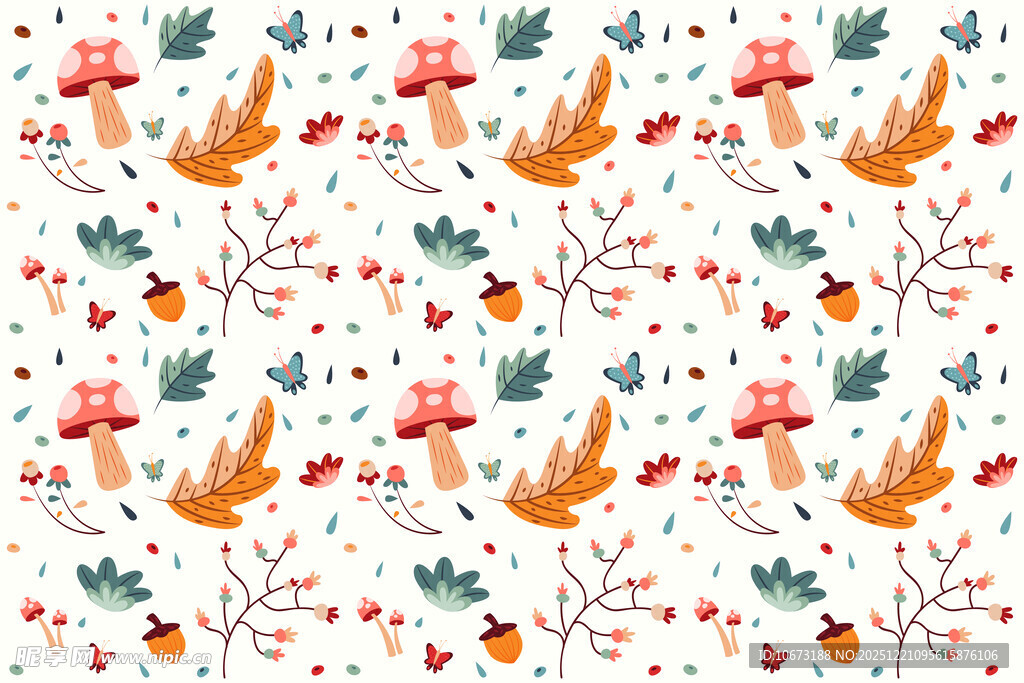 可爱狐狸蘑菇花卉图案