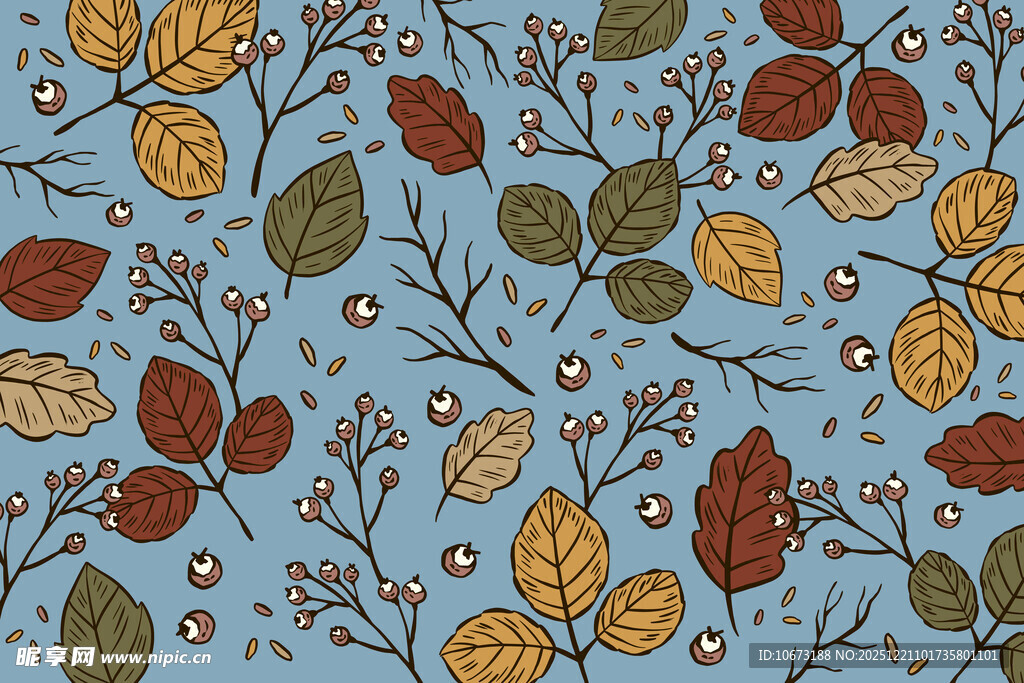 蓝色背景秋季树叶图案