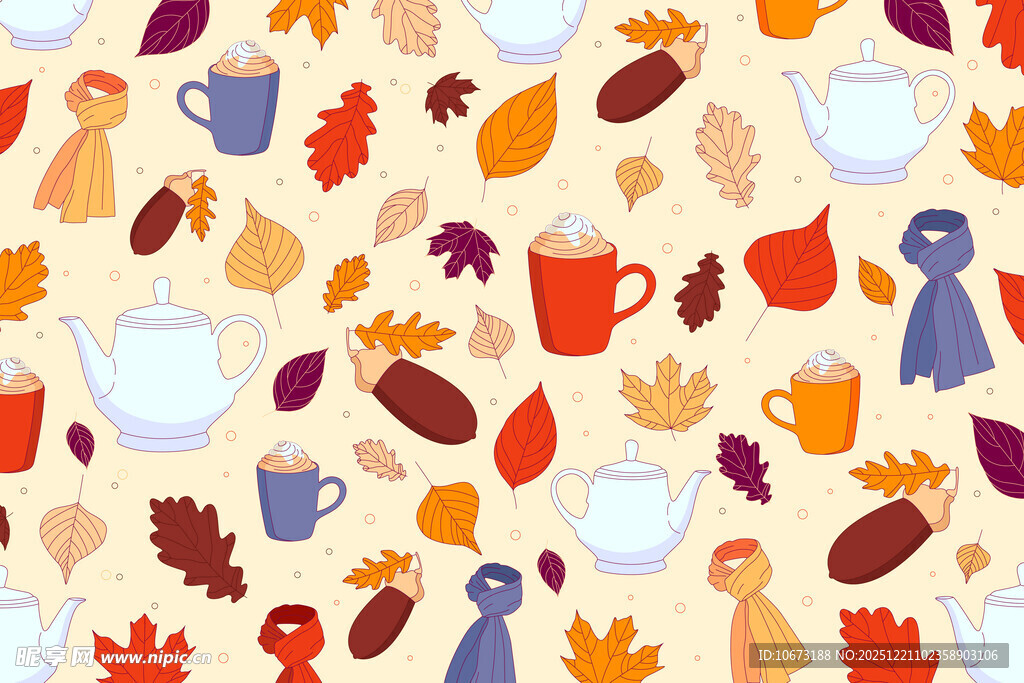 秋季杯具与落叶图案背景