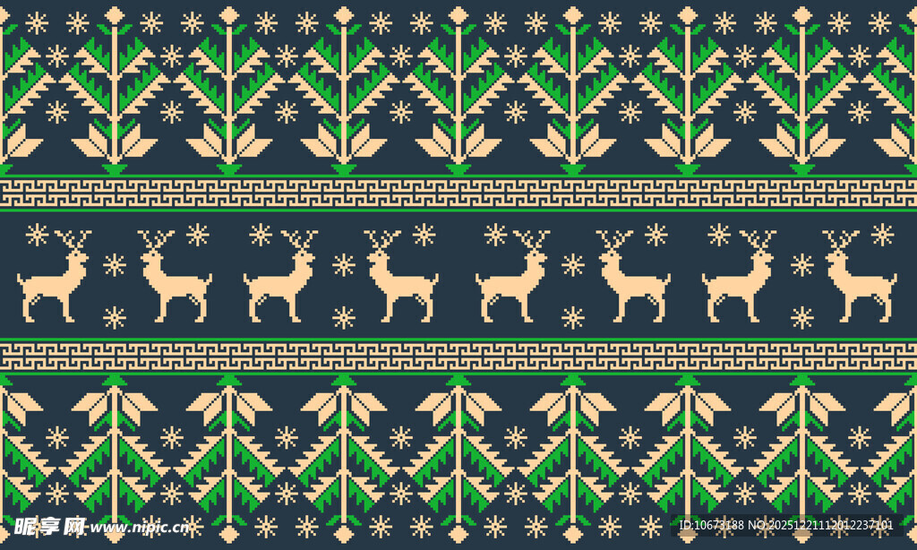 圣诞风驯鹿与绿植花纹图案