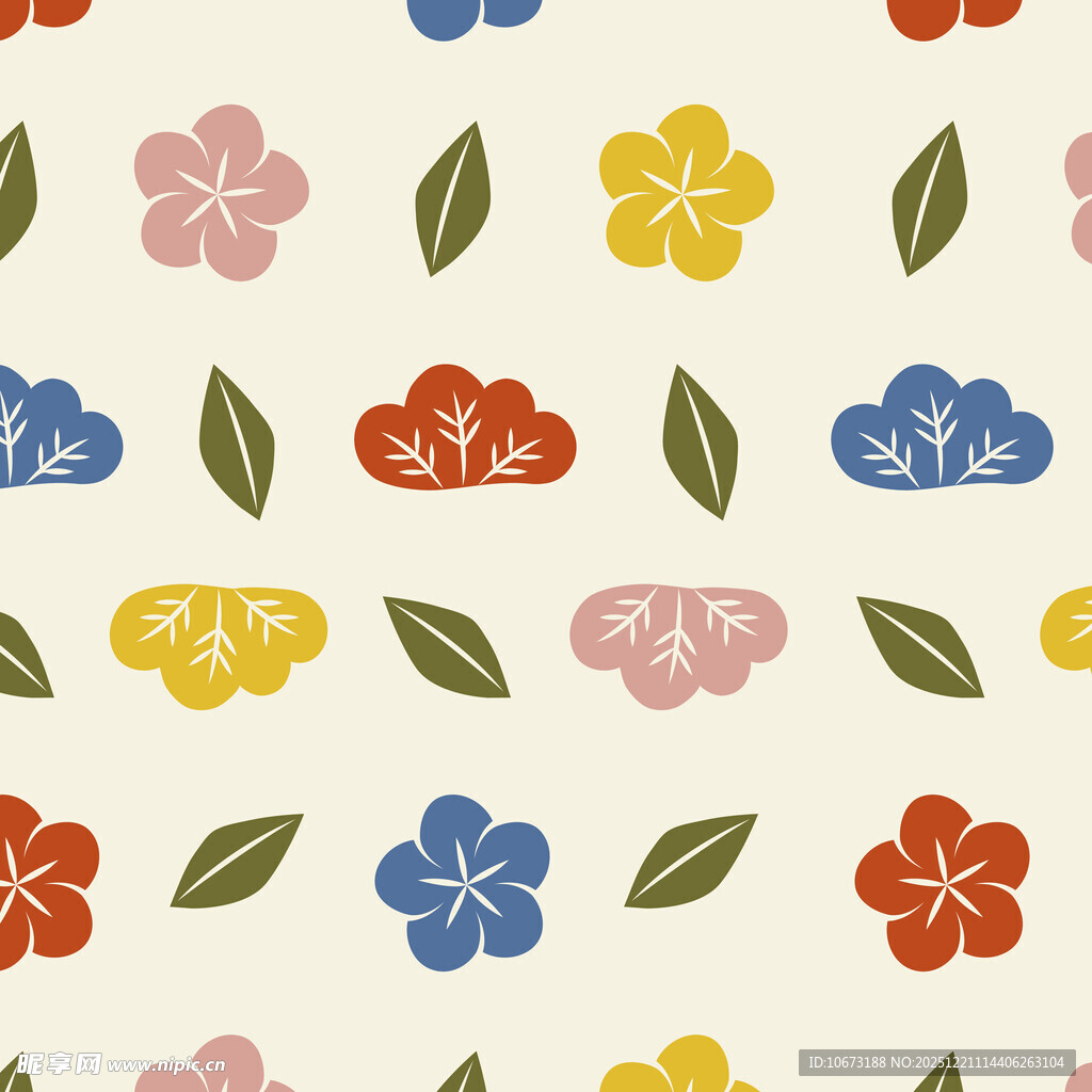 多彩花卉绿叶无缝图案