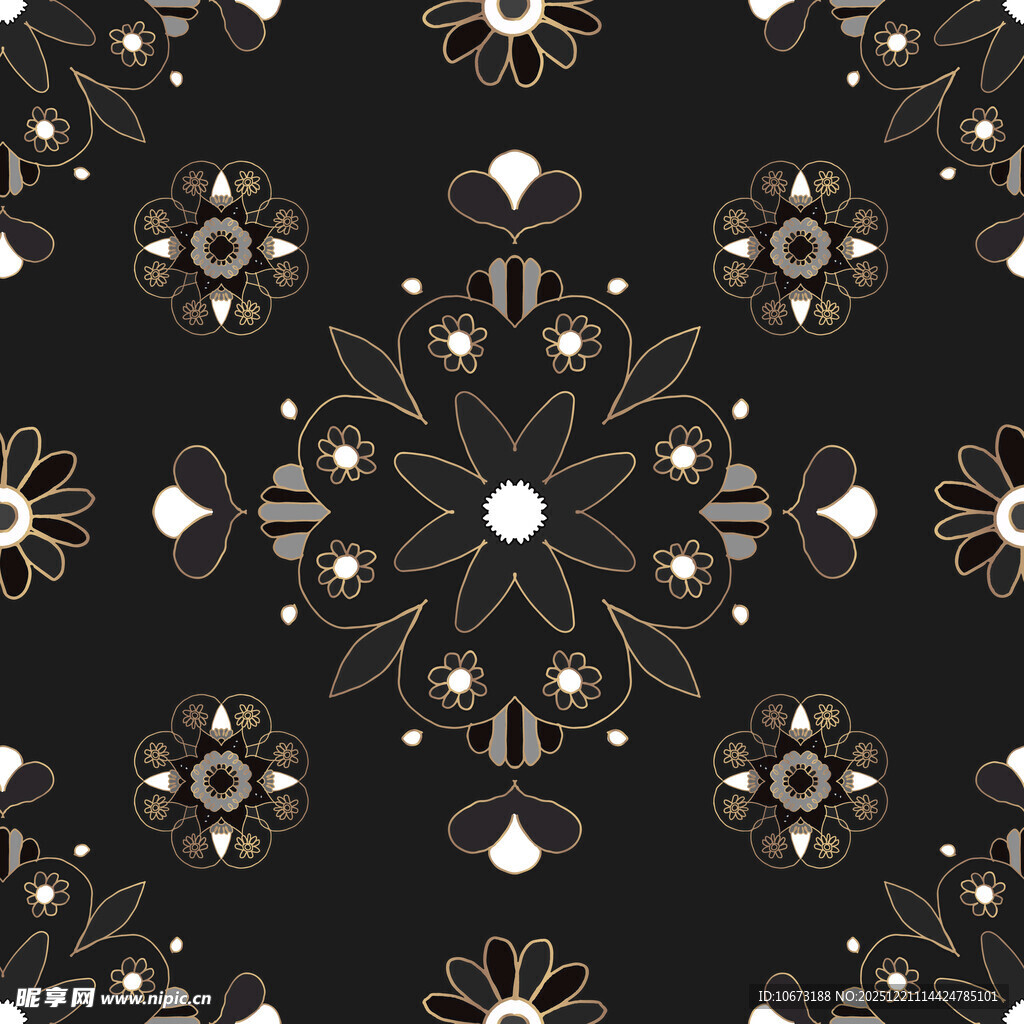 黑色底精致花卉几何图案
