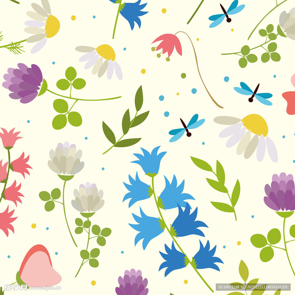 缤纷花卉与蜻蜓图案背景