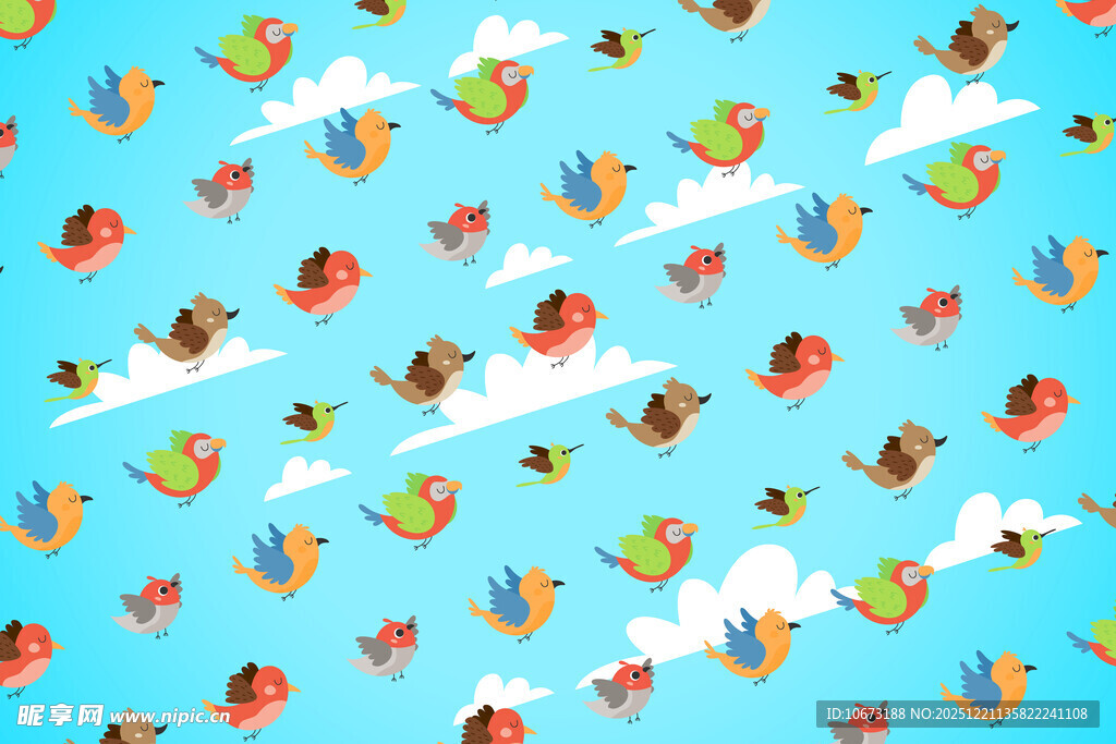 卡通小鸟在蓝天飞翔图案