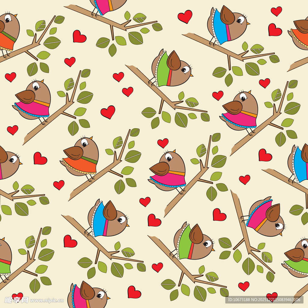 小鸟与爱心的温馨图案