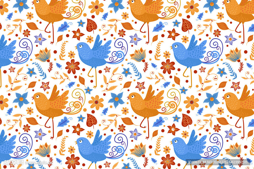 花卉小鸟水彩无缝图案