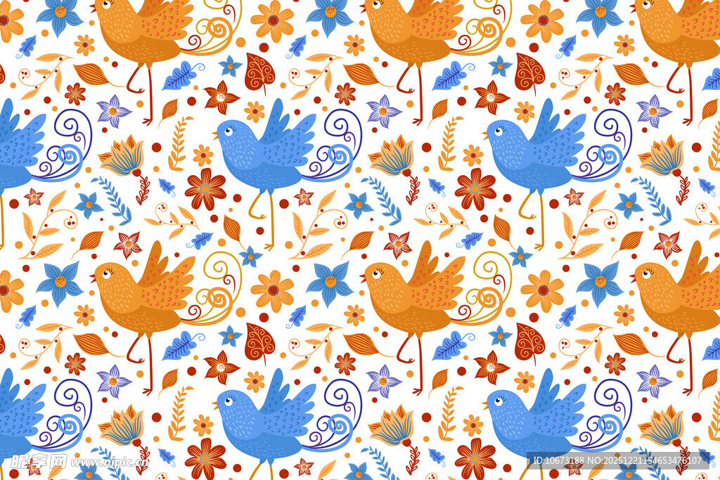 多彩花卉飞鸟图案背景