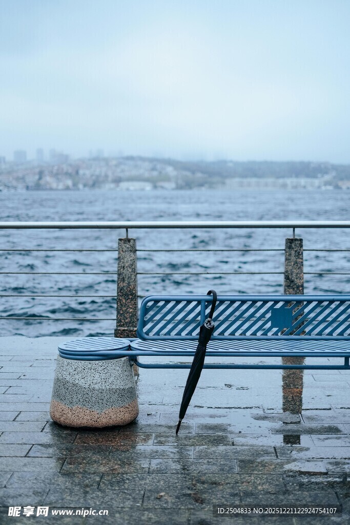 冬日湖边长椅与积水景象