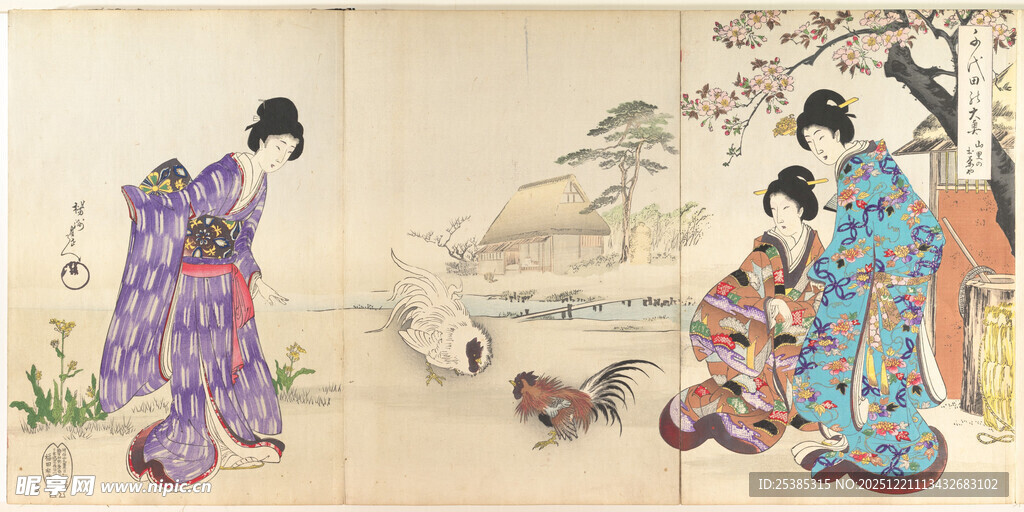 日本传统服饰女子庭院场景