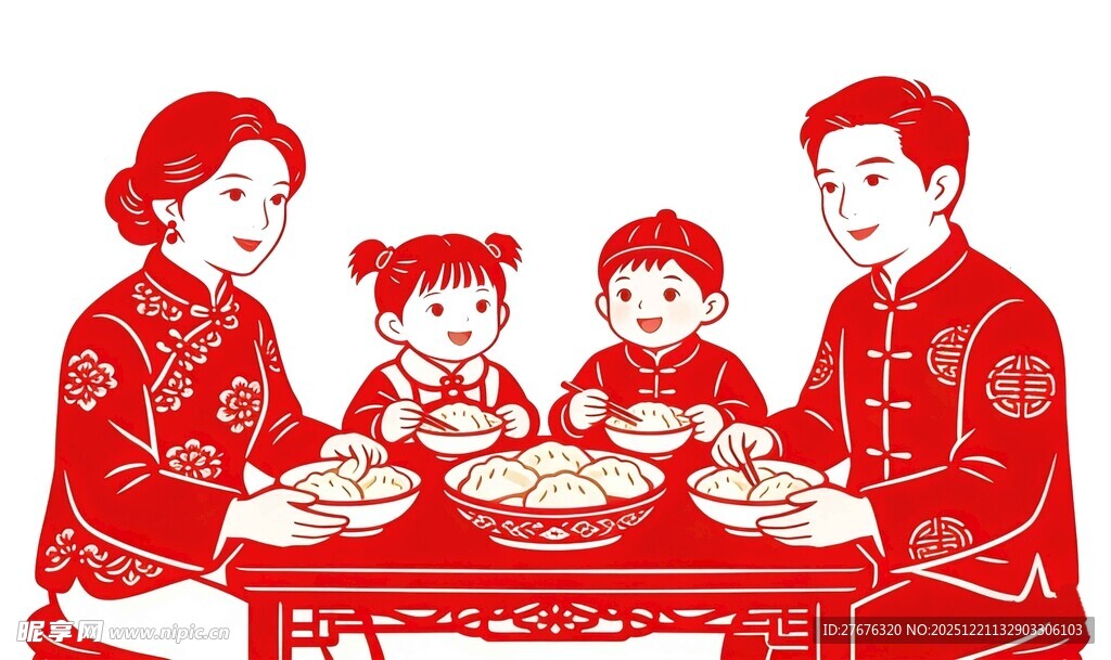 新中式国风国潮合家吃饭矢量设计