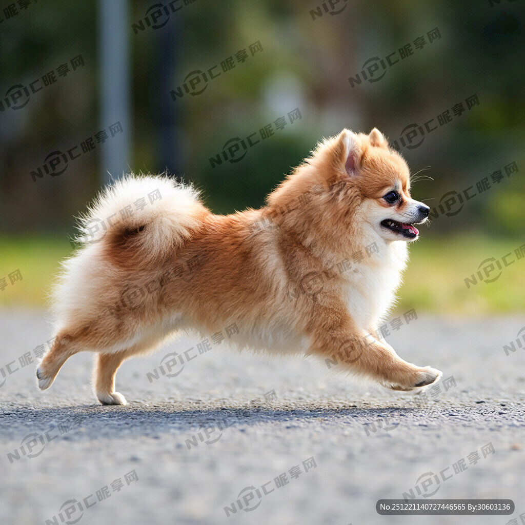 一只可爱的博美犬侧面图追跑