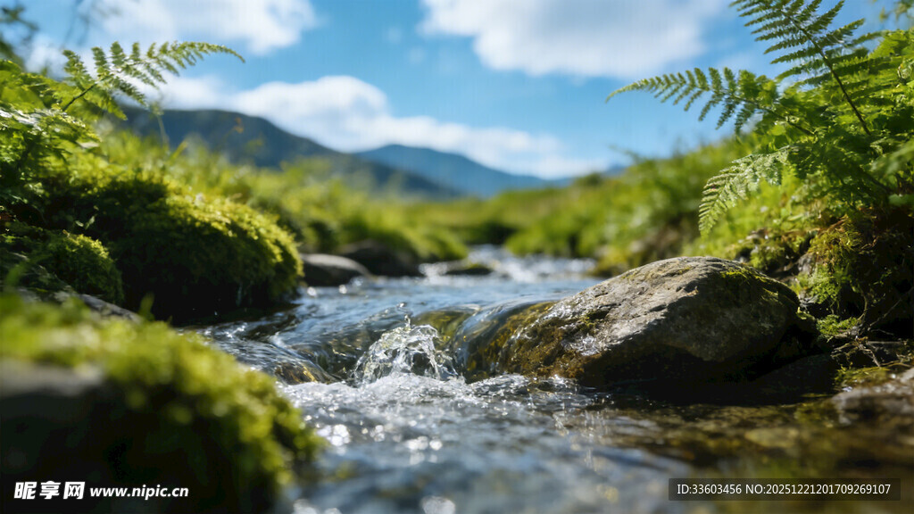 山间溪流绿意盎然的美景