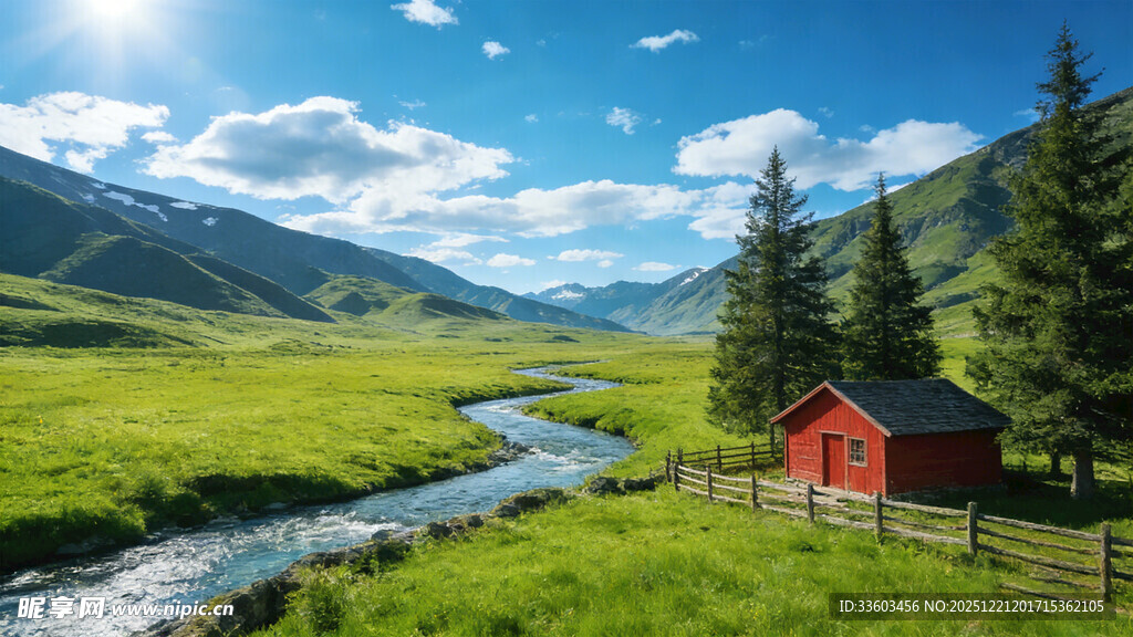 山间溪边红屋美景