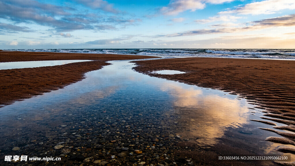 海边夕阳下的静谧滩涂