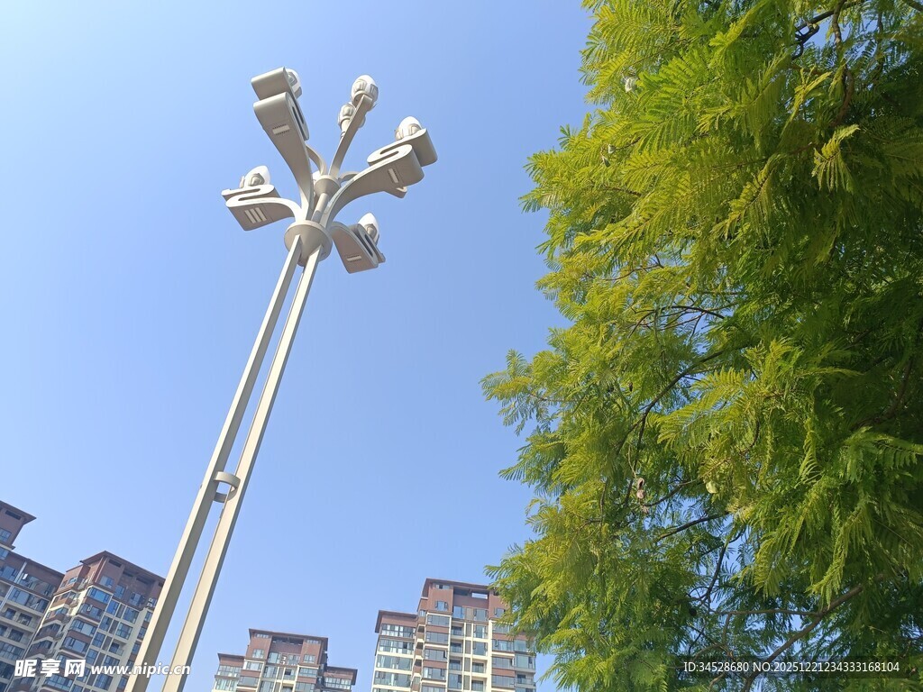 城市高杆灯与绿树蓝天