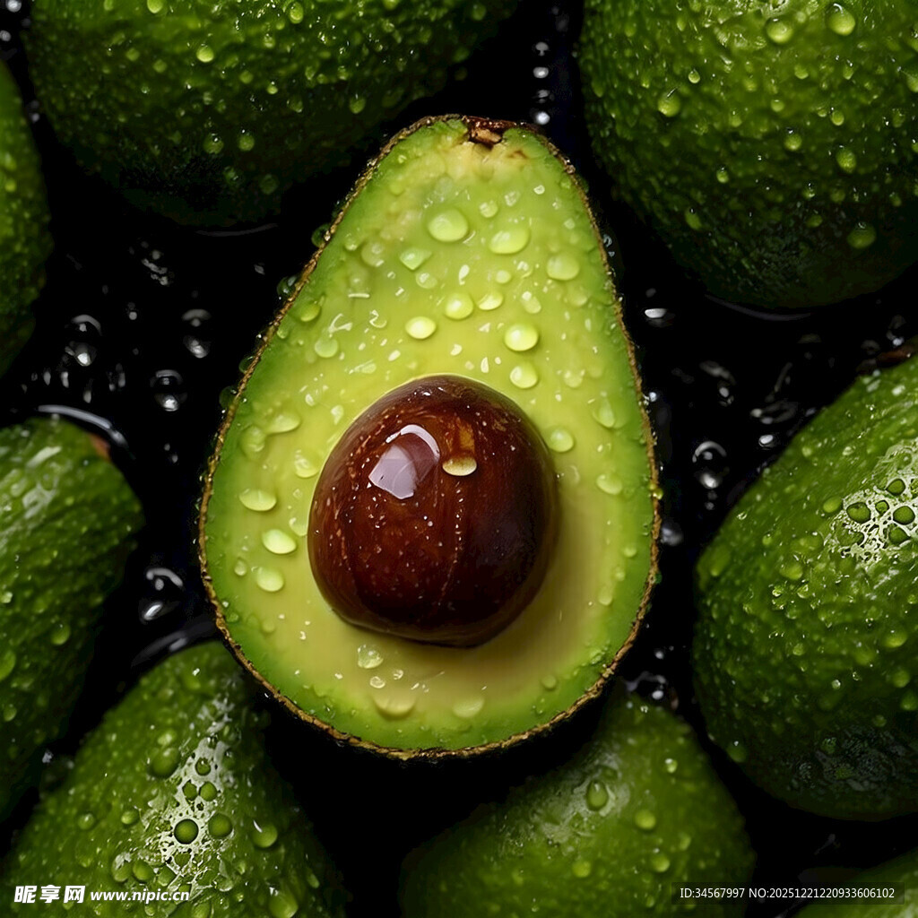 切开的牛油果与周围果实