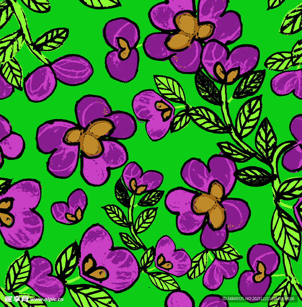 绿色背景紫色花卉图案