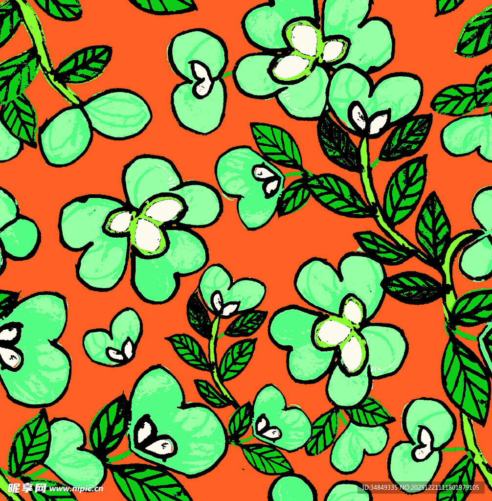橙色底绿色花卉图案背景