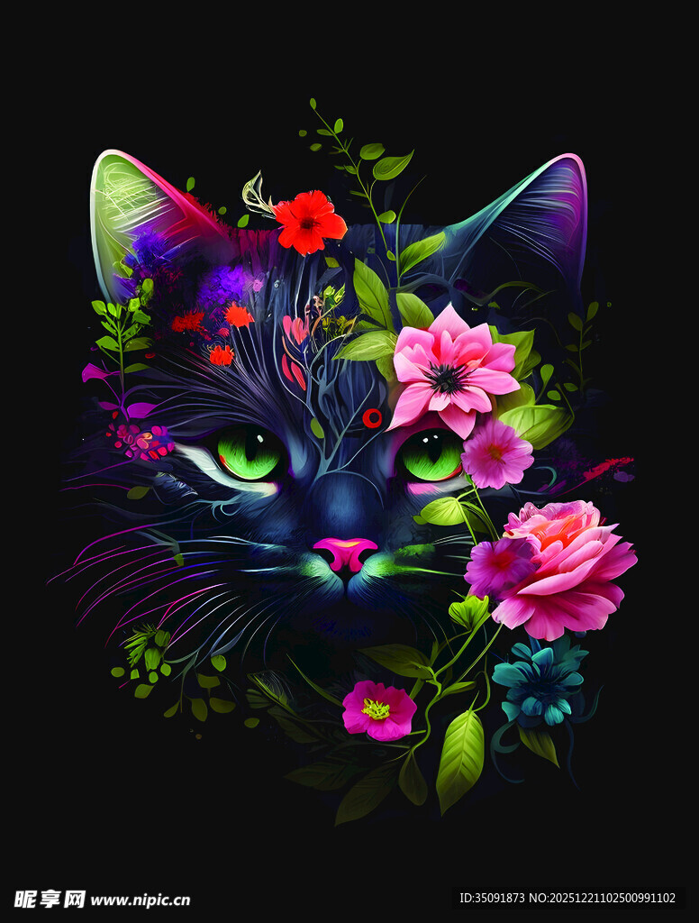 梦幻花卉猫咪插画