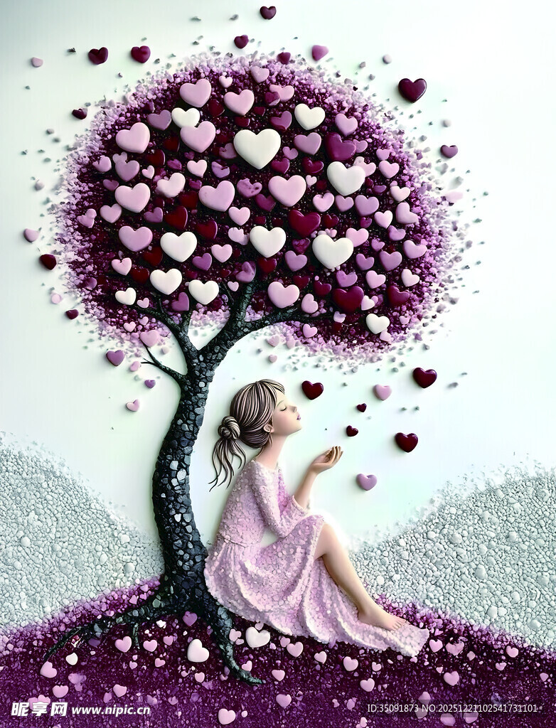 女孩与爱心树的梦幻场景