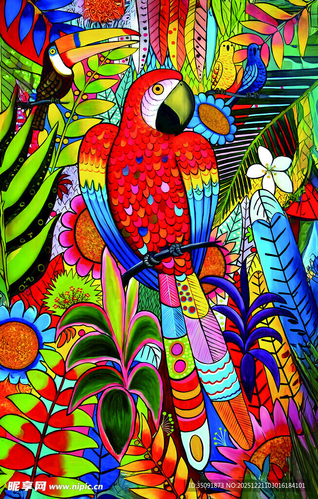 色彩斑斓的鹦鹉艺术画作