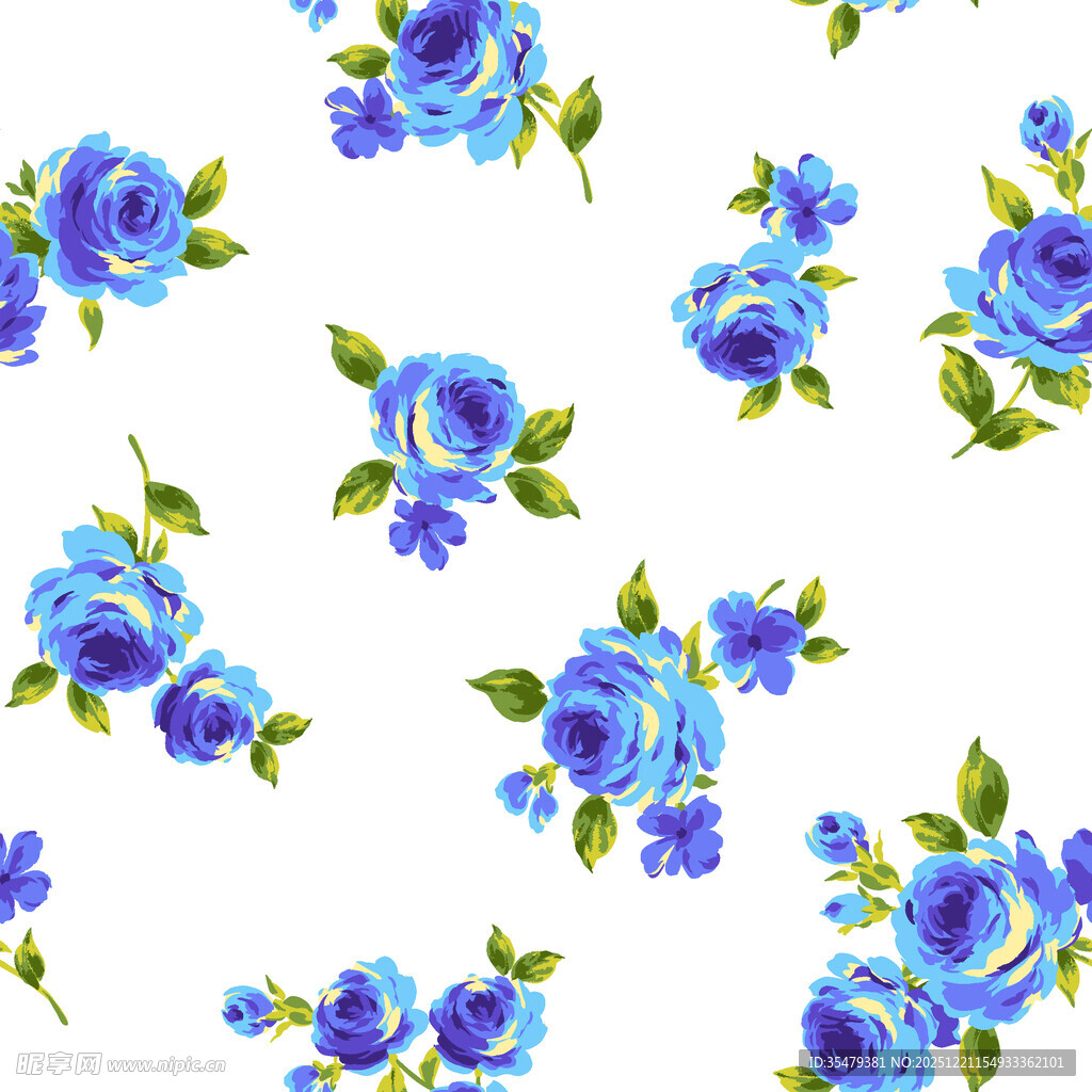 蓝色玫瑰花卉无缝图案