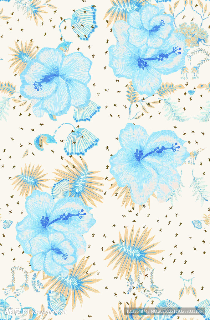蓝黄花卉图案背景纹理