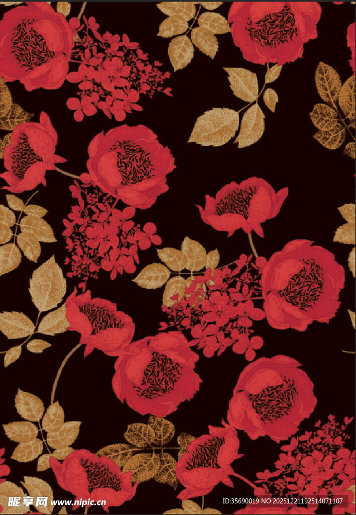 复古红金花卉图案布料