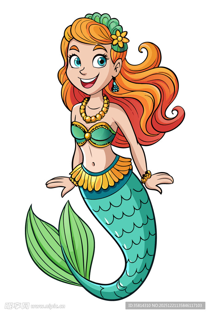可爱红发美人鱼插画