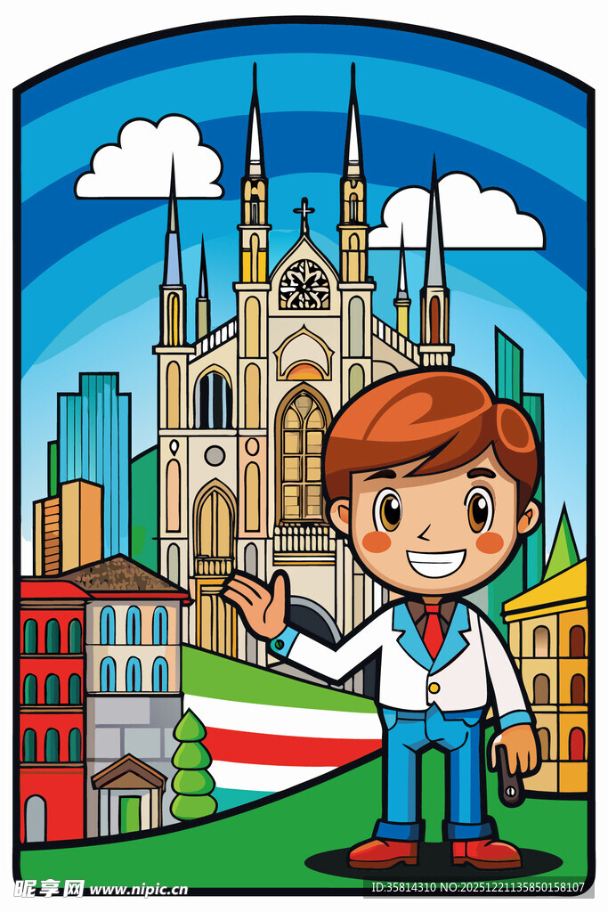 男孩展示意大利城市风光