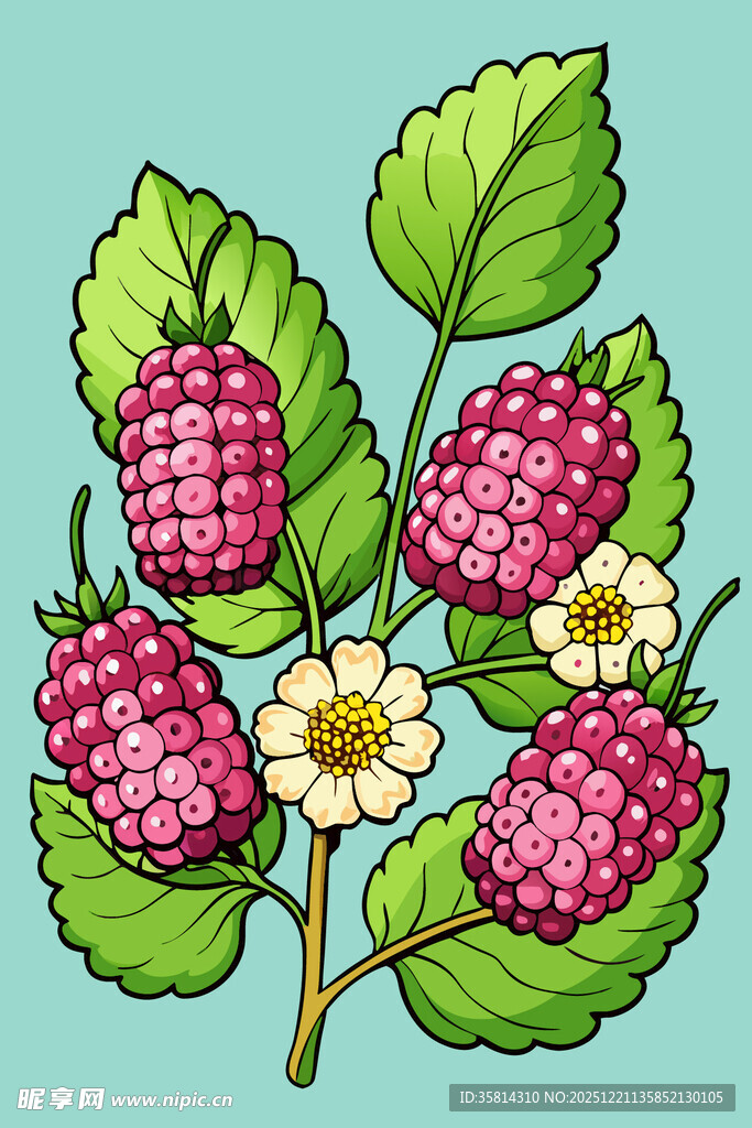 手绘树莓与绿叶花朵
