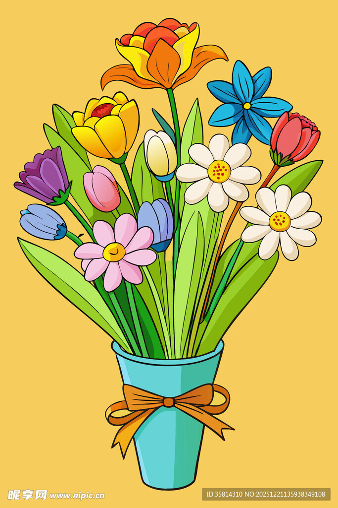 蓝色花瓶中的多彩花卉